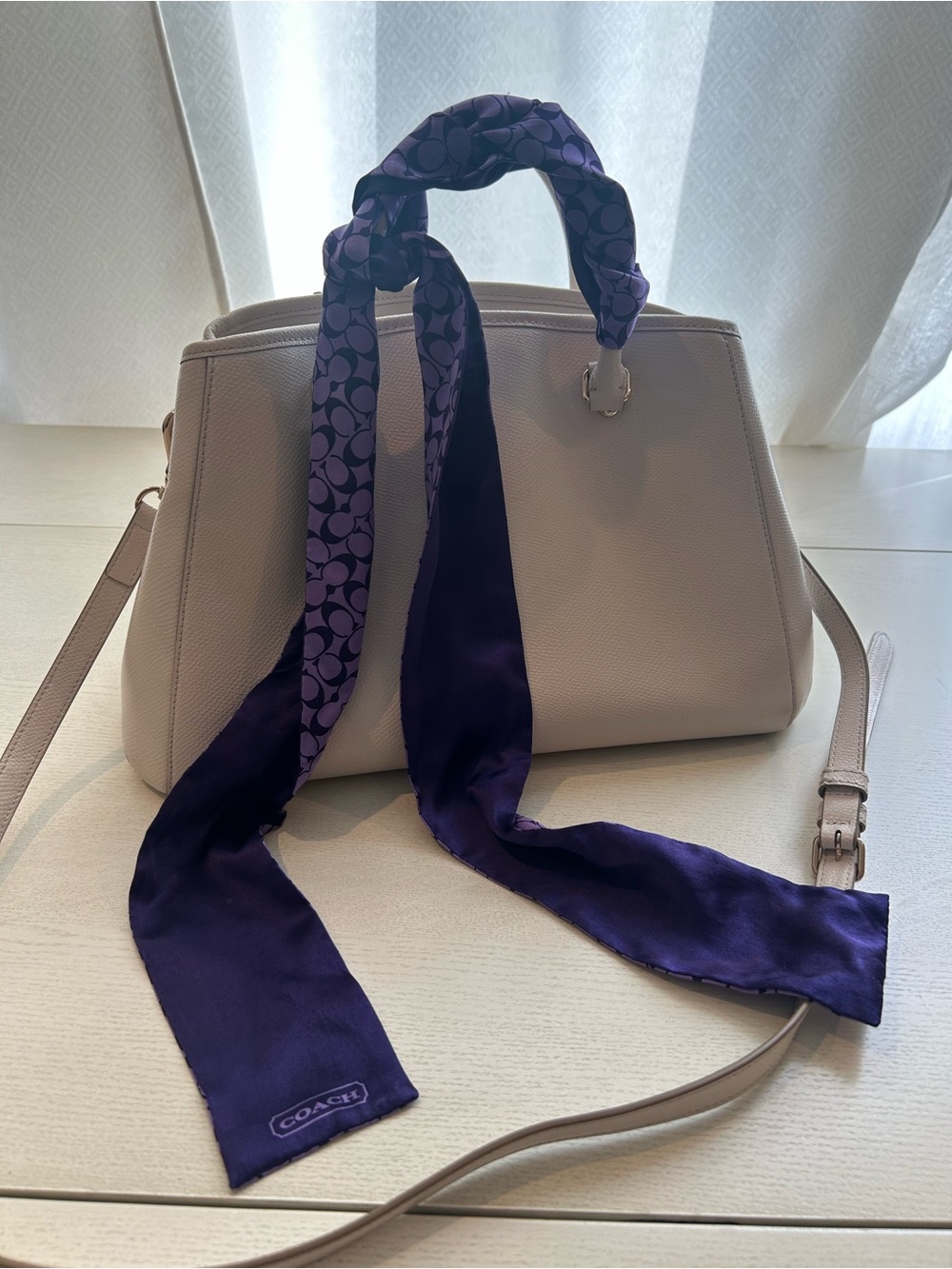Purple Coach Signature Silk Skinny Scarf